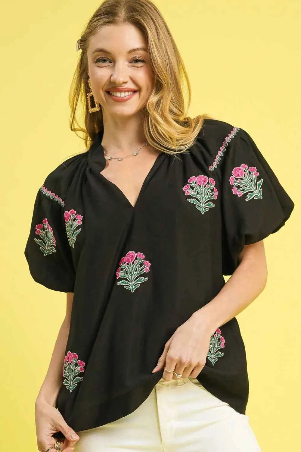 Umgee Floral Embroidered Puff Sleeve Blouse Black 4be0fbb6-4c2e-4b3b-9211-95b41f547f8c-Max-Origin