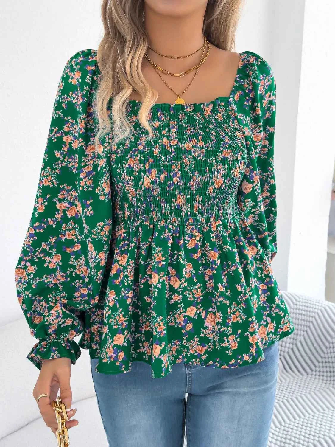 Floral Square Neck Flounce Sleeve Blouse Dark Green 4be65bfd-f57f-4c00-ba06-bc93a729ff18-Max-Origin