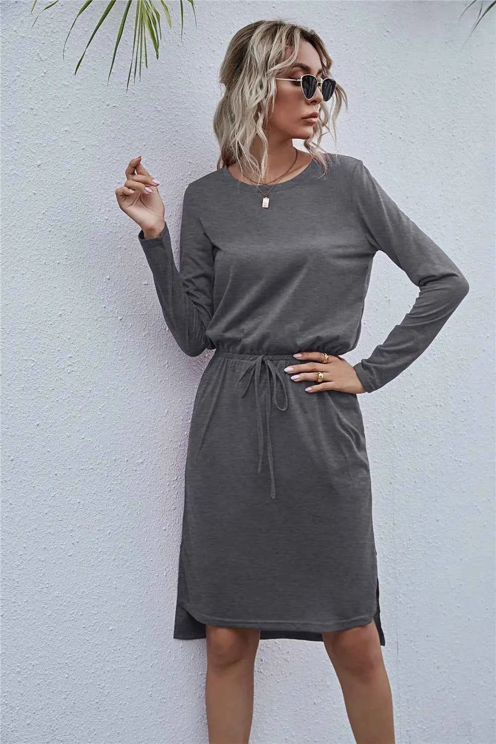 Drawstring Waist Round Neck Long Sleeve Dress 4bf8c1207543401faffefe050e195490-Max