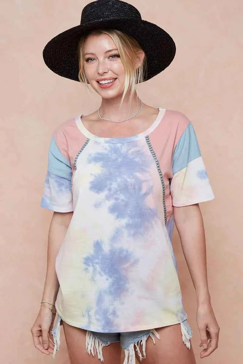 BiBi Tie Dye Printed Cotton Color Block T-Shirt 4bfc3fcfced640508d062d11ddfddb58-Max-Origin