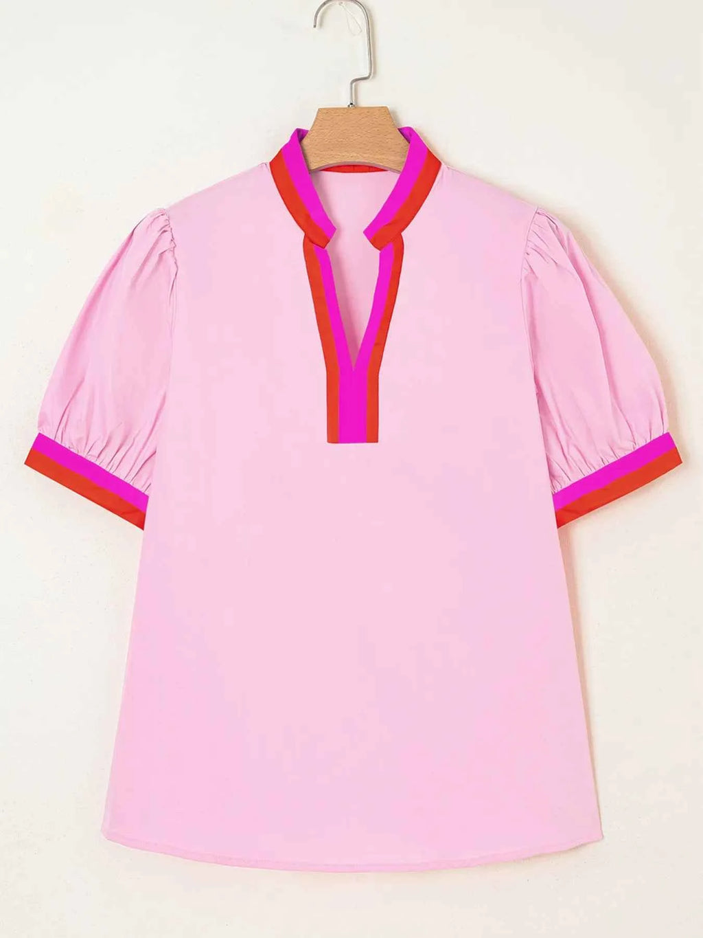 Contrast Trim Notched Short Sleeve Blouse 4c18c6c1cf6d4931af875c66890ad59d-Max-Origin