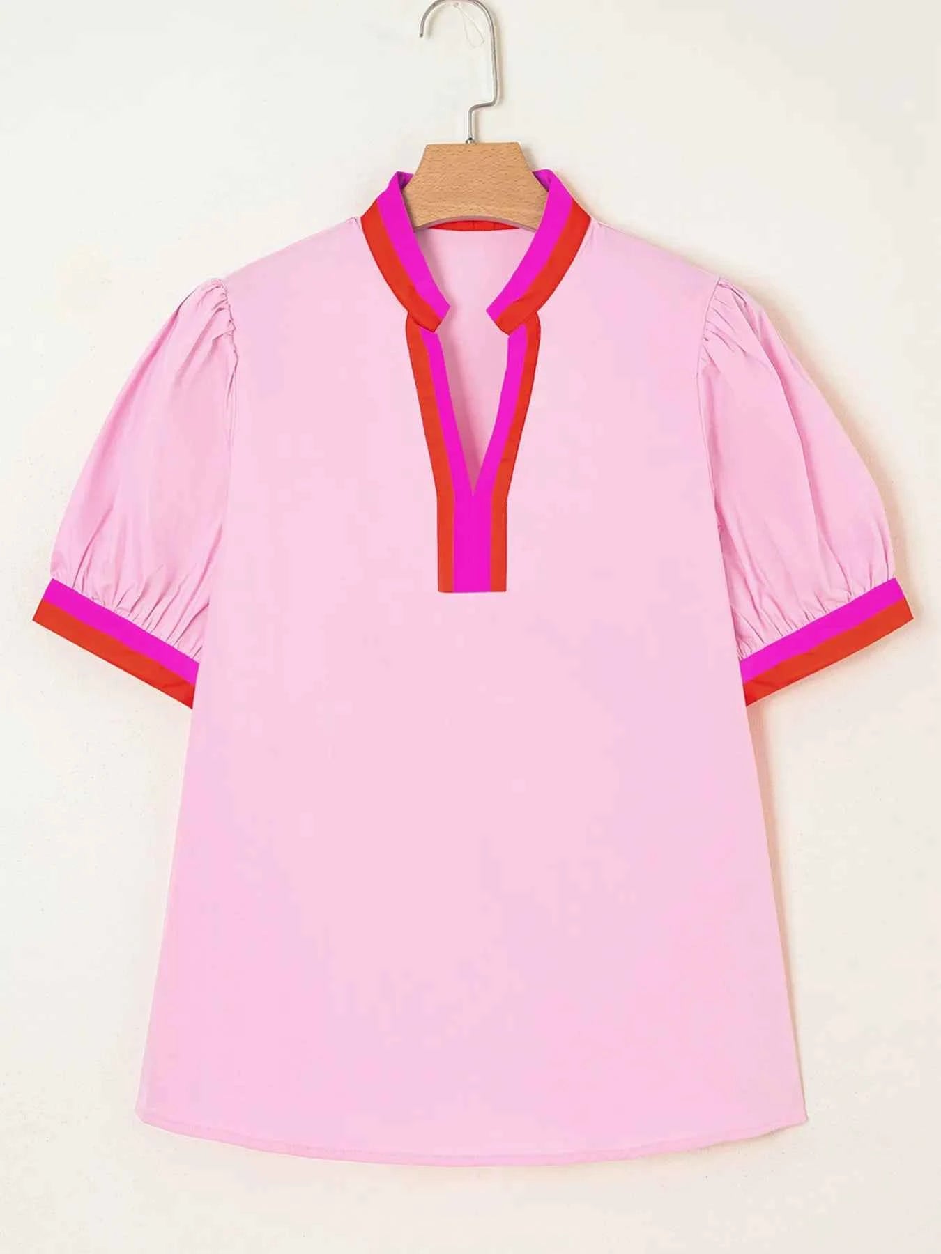 Contrast Trim Notched Short Sleeve Blouse 4c18c6c1cf6d4931af875c66890ad59d-Max-Origin