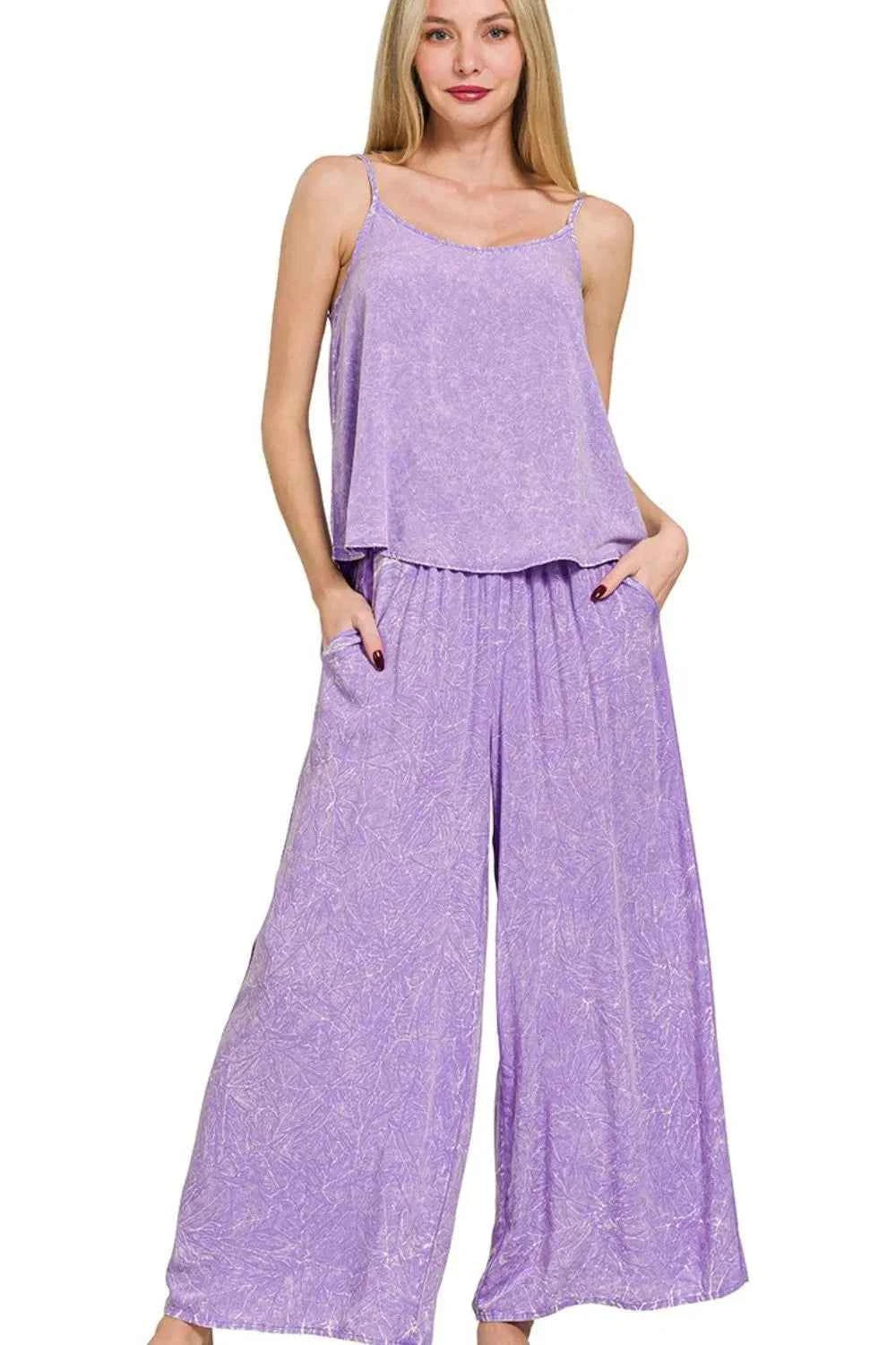 Zenana Woven Acid Crinkle Washed Cami & Pants 2 Piece Set LAVENDER 4c4bfeb4-56a5-42b4-aed3-3d29eb1db960-Max-Origin