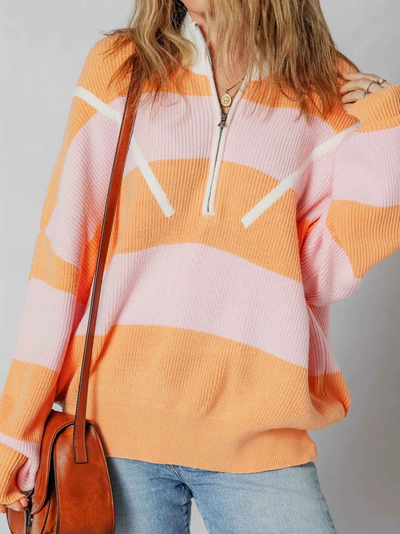 Stripe Color Block Half Zip Oversize Sweater 4c546df5117e473fb24fad1ae96aa420-Max-Origin