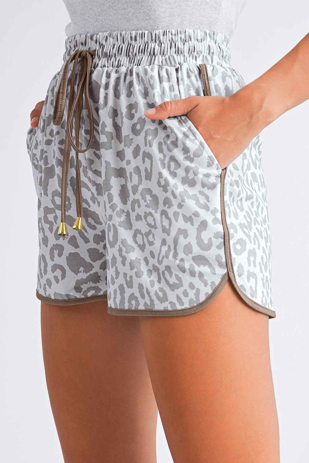 Blue Leopard Elastic Waist Lace up Contrast Trim Casual Shorts 4c66438f690ff341