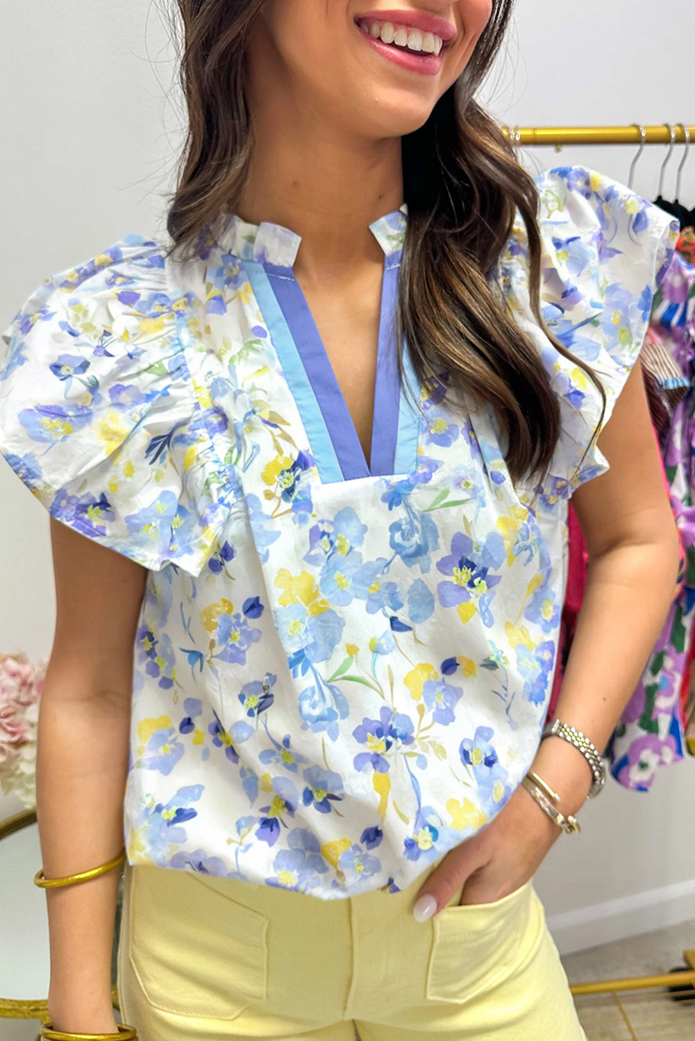 Sky Blue Floral Print Frilled Notch V Neck Ruffle Blouse Sky Blue 4c69073fd8e873fd