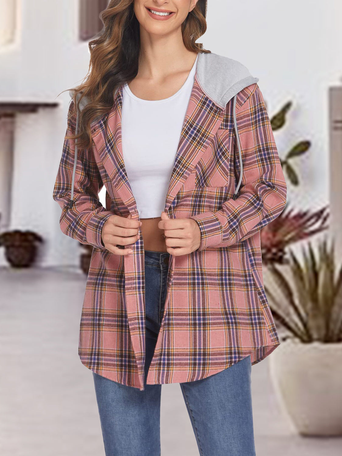 Plaid Drawstring Button Up Hooded Jacket Pale Blush 4c6a4ab010d34ef0b78017f747c80a03-Max