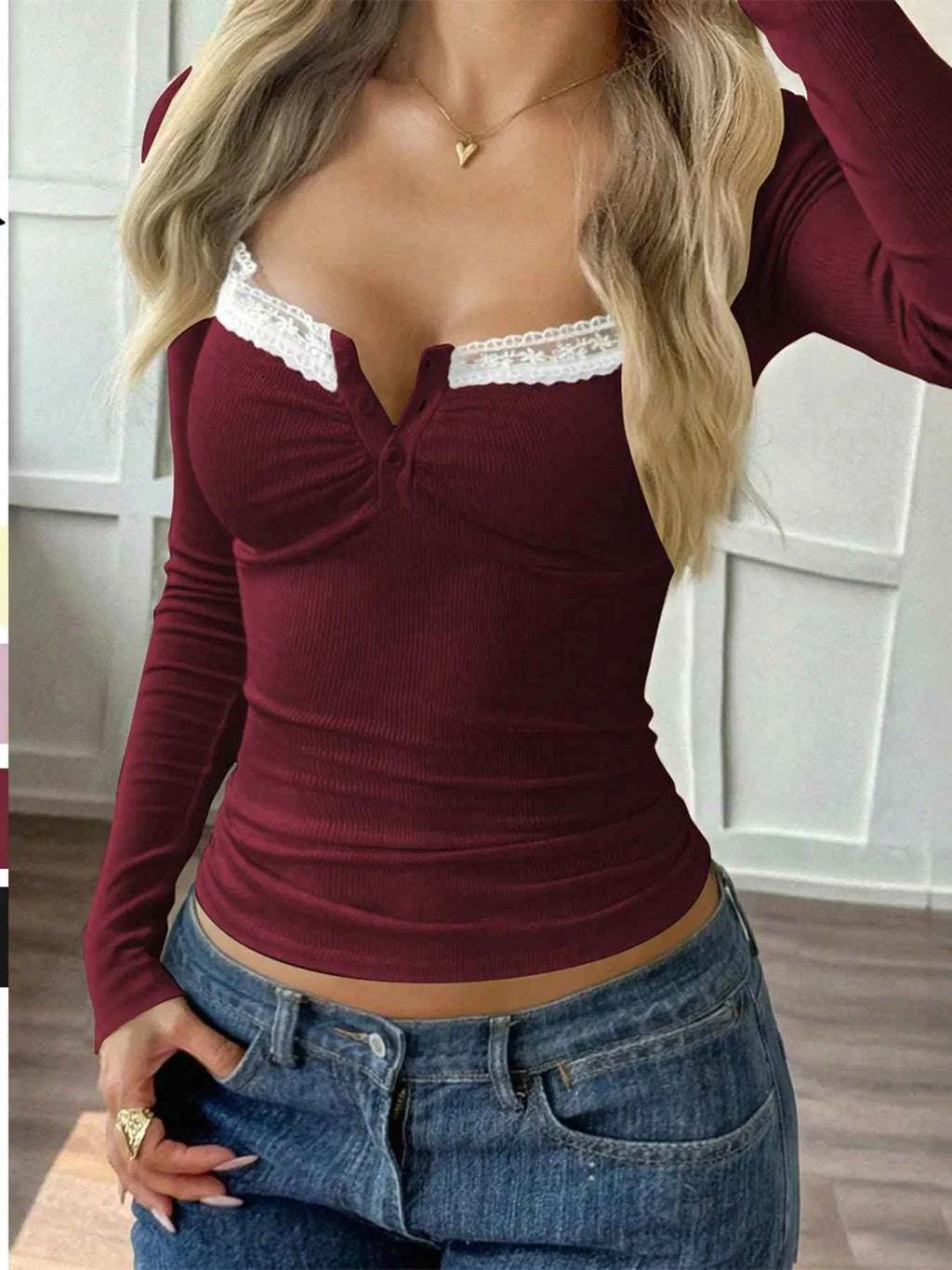 Lace Trim Long Sleeve T-Shirt Burgundy 4c6ae541ae8340fd8cd7eef5c5df036f-Max-Origin