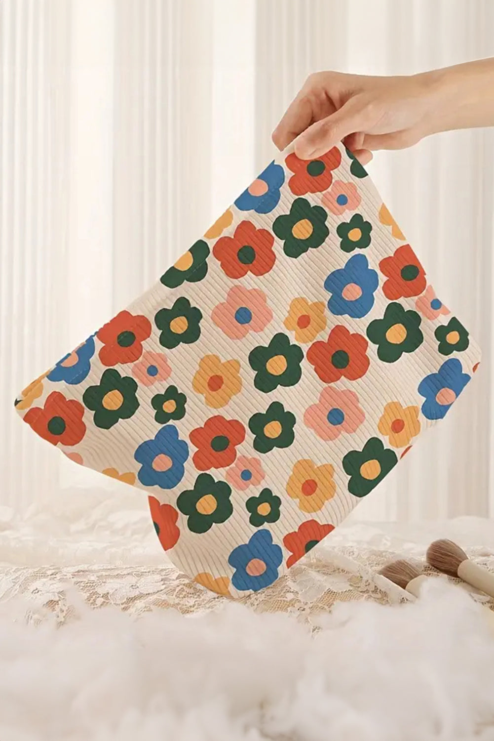 Red Colorful Flower Printed Rib Textured Cosmetic Bag 4c8663c8a214c39a