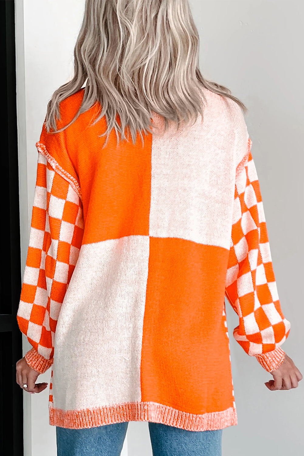 Orange Checkered Open Front Drop Shoulder Cardigan 4c86bcc29a41c240