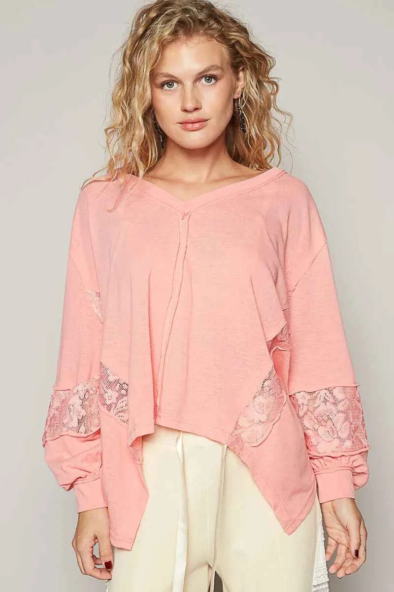 POL V-Neck Long Sleeve T-Shirt with Lace Detail Blush Pink 4c879202-aa02-4ce3-8565-e930d0e68d99-Max-Origin