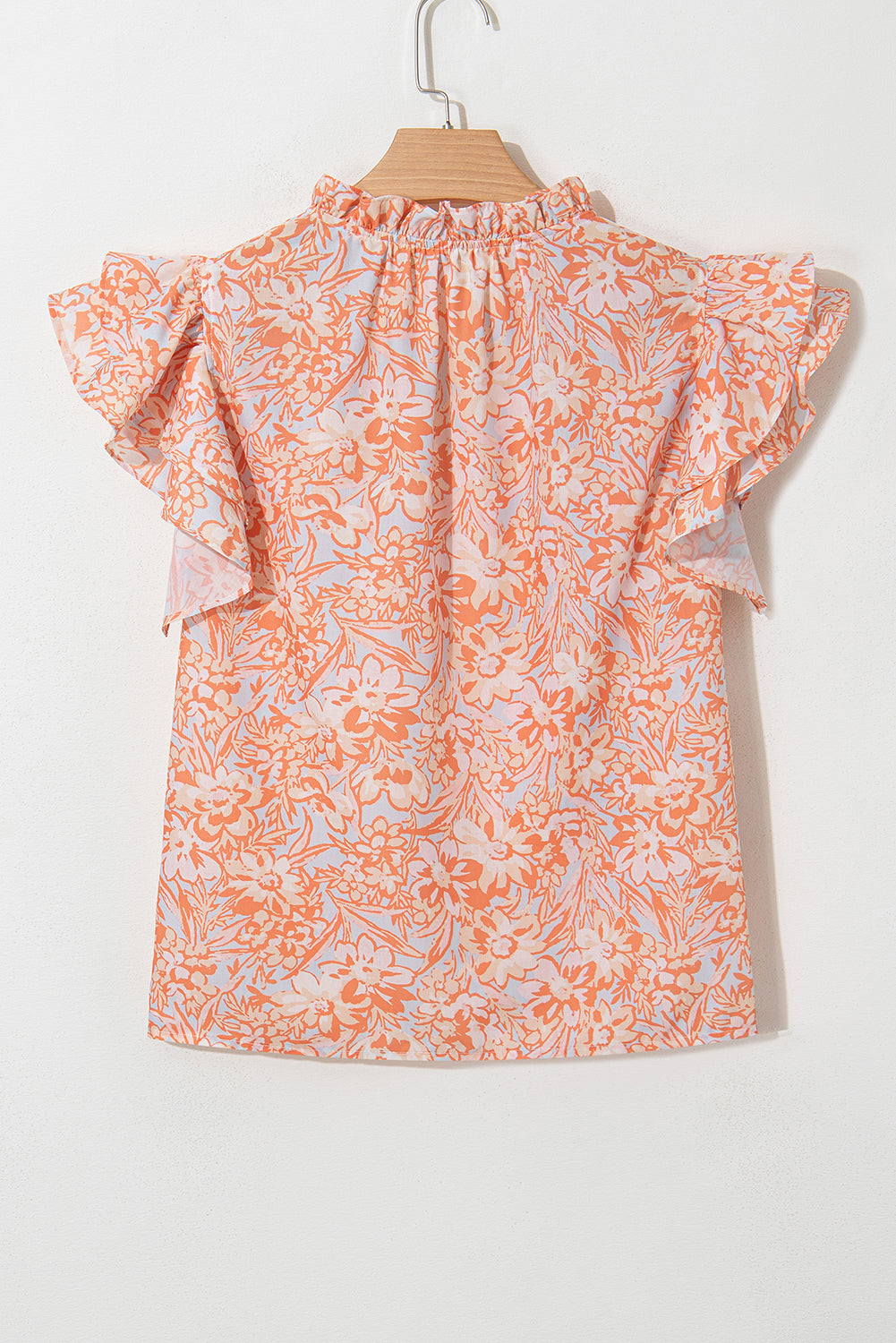 Orange Floral Ruffle Sleeve Split Neck Blouse 4c880e54fca61d55