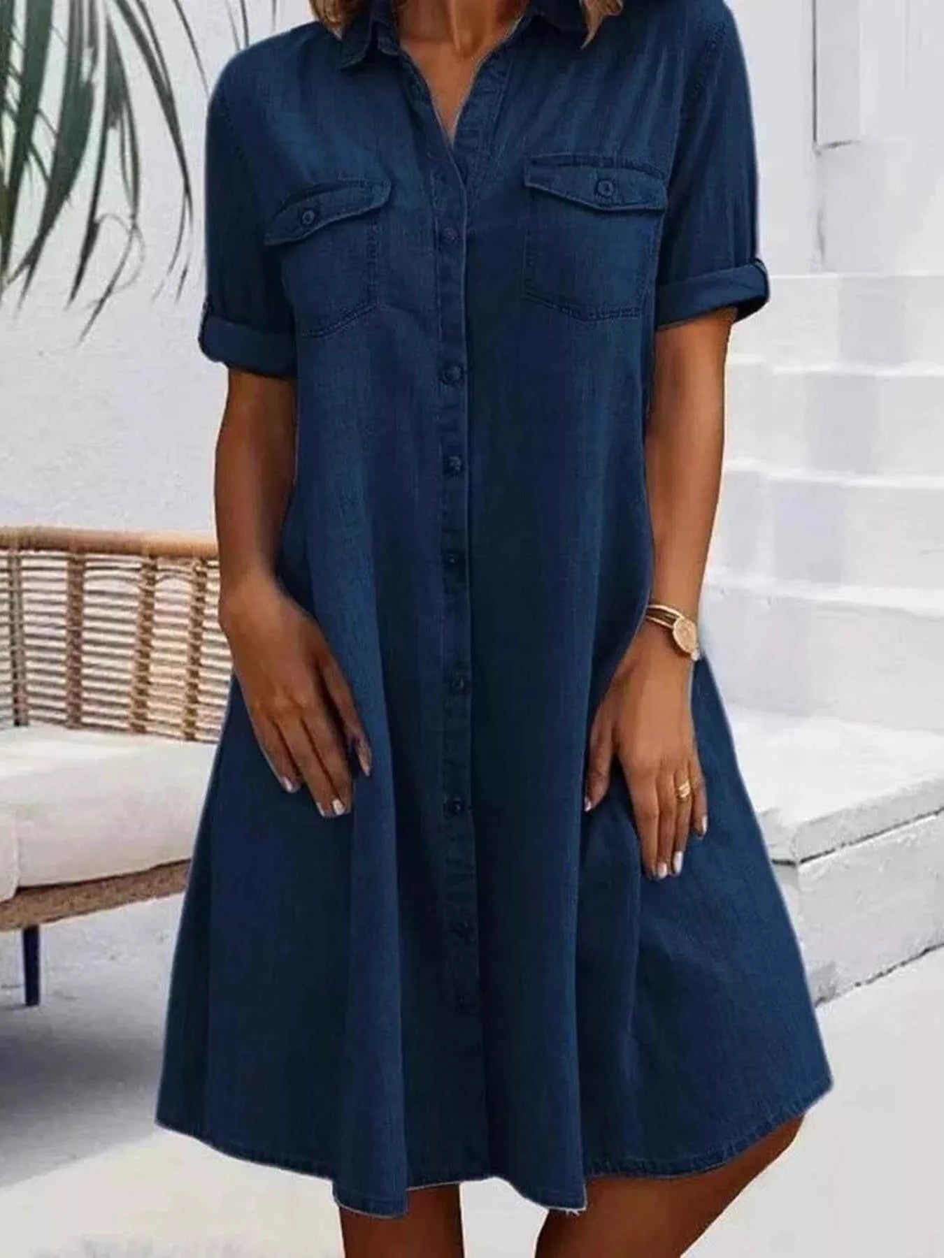 Full Size Button-Front Short Sleeve Denim Dress Plus Size Dark Blue 4c98ba73-eaa9-4ca3-886a-5d5b366226dd-Max-Origin