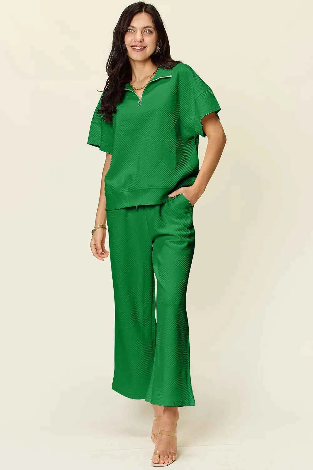 Double Take Full Size Texture Half Zip Short Sleeve Top and Pants Set Green 4c9aaf83-9fcb-4037-9ae3-0e7884cef665-Max
