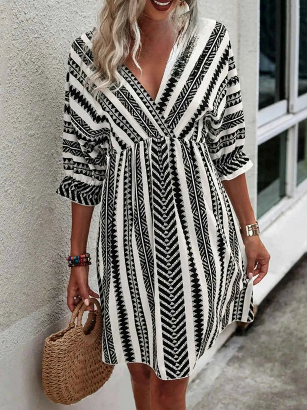 Geometric Print V-Neck Mini Dress 4c9d3abfb4e548f5980802348a52759d-Max-Origin