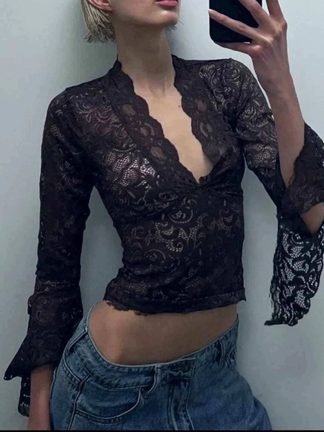 Lace Long Sleeve Deep V-Neck Blouse Black 4cab8dea-666a-4114-85ee-d0c01297906e-Max-Origin
