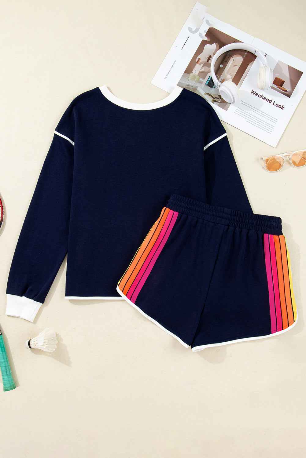 Bluing Colorful Striped Accent Varsity Long Sleeve Pullover and Shorts Matching Set 4cad199a55a86b2c