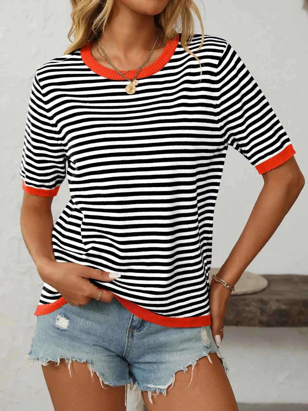 Mandy Striped Round Neck Half Sleeve Knit Top Black Red 4cb1a0a9-b2d8-4530-a9fc-e73aa627ed25-Max