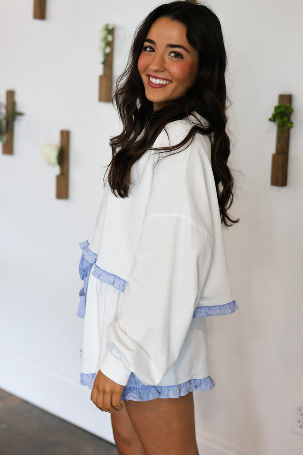 White Striped Ruffle Hem Long Sleeve Pullover and Shorts Set 4cc186ef1ca75d3c