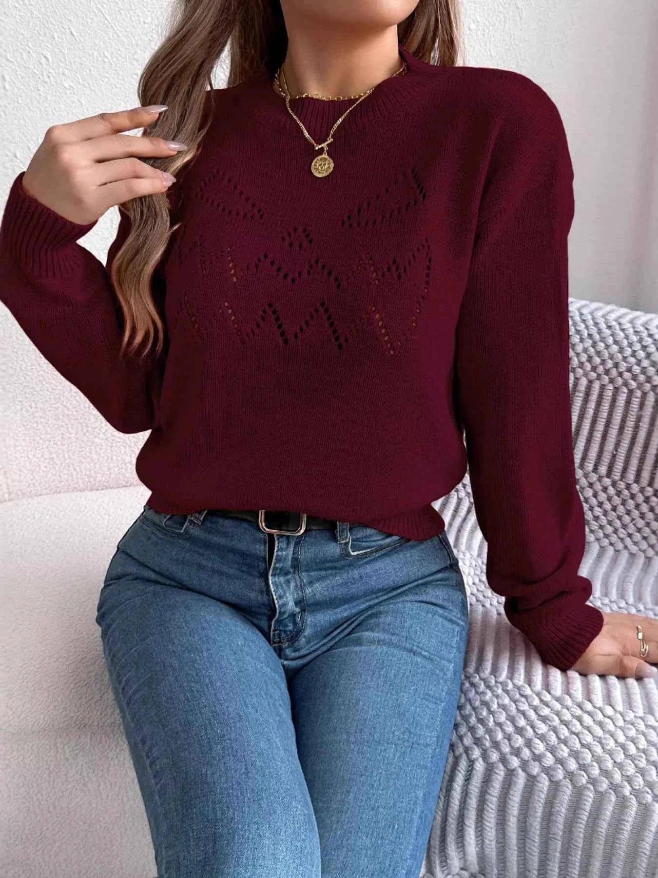 Openwork Round Neck Long Sleeve Sweater 4ceba205f27e4bd4bdc1e0023d357b6d-Max-Origin