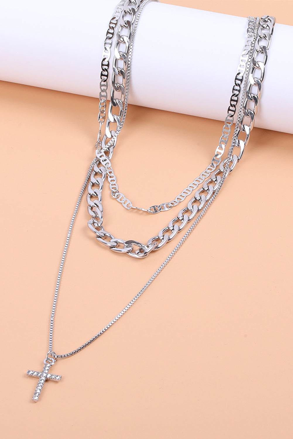 Silvery Rhinestone Cross Pendant Multi Layer Stacked Chain Necklace 4cf1c550348cac61
