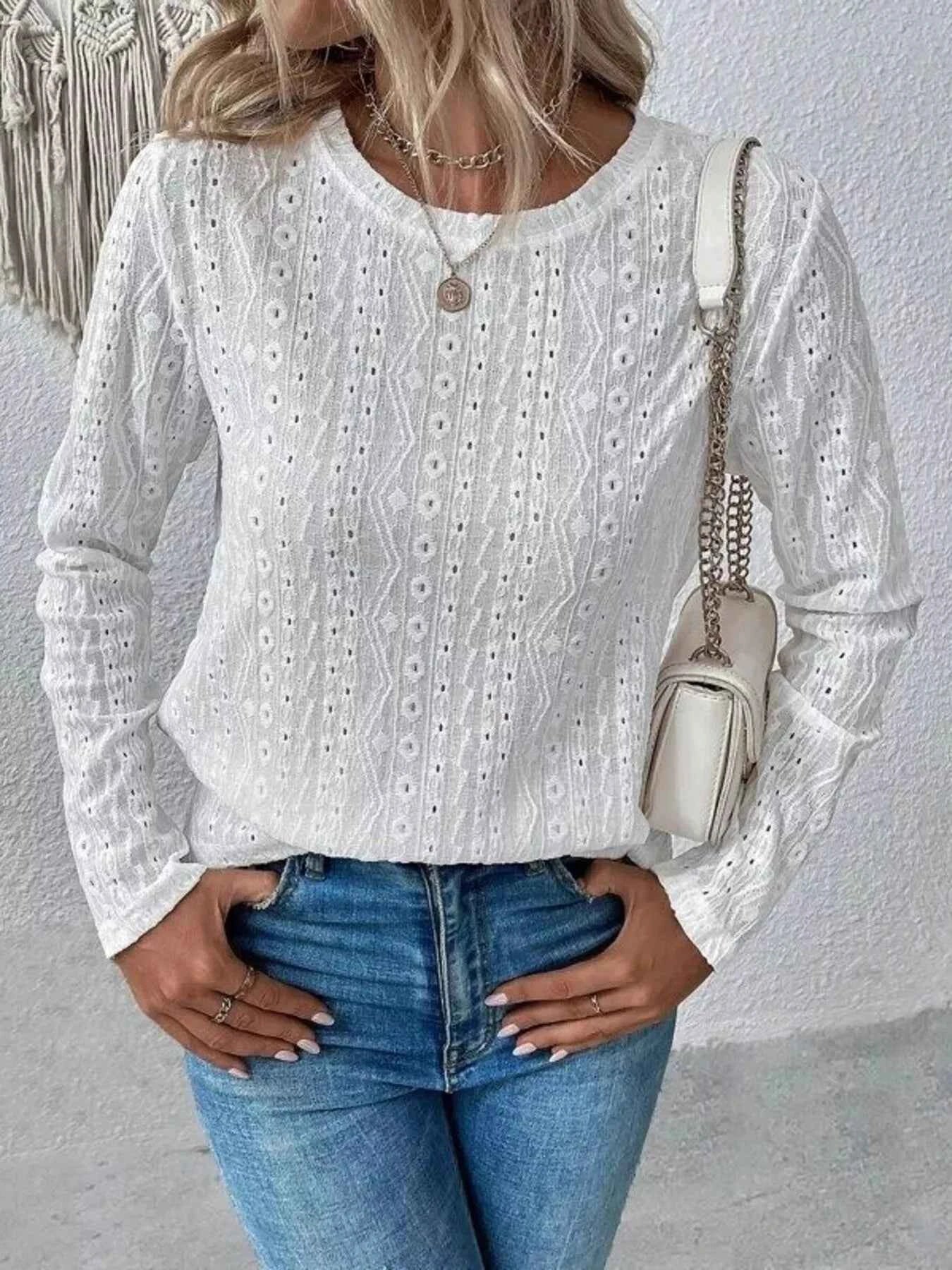 Full Size Eyelet Round Neck Long Sleeve Blouse Plus Size White 4cf378f81504412797608a8ea29f1d6f-Max-Origin
