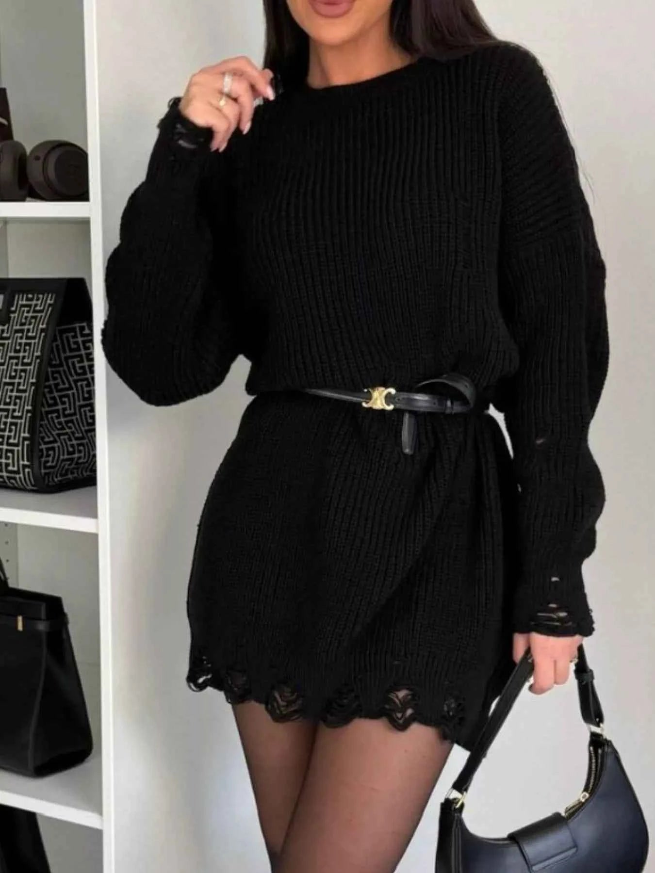 Distressed Round Neck Drop Shoulder Sweater Dress 4d004c73-ccf0-48fd-85f1-c4b163503752-Max-Origin