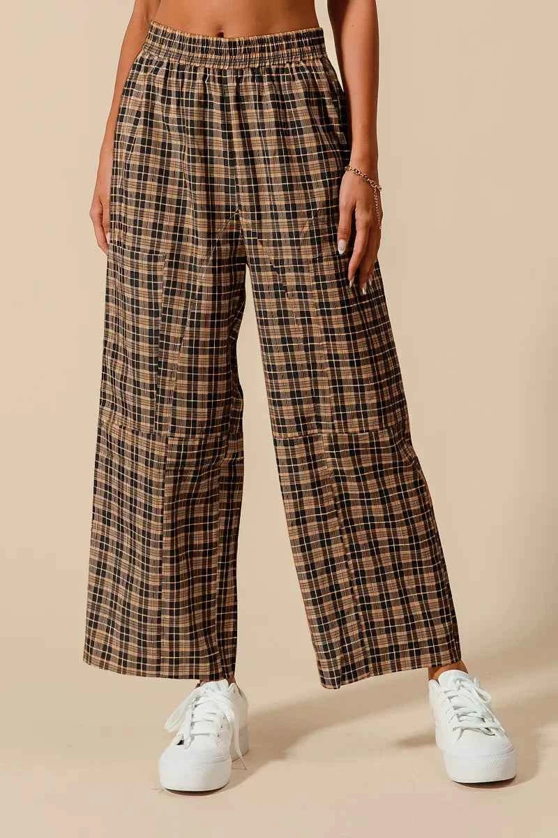 SO ME Check Plaid Wide Leg Pants with Big Patch Pockets BLACK CAMEL 4d17f92429d94bfe91a39ce555d6f871-Max-Origin
