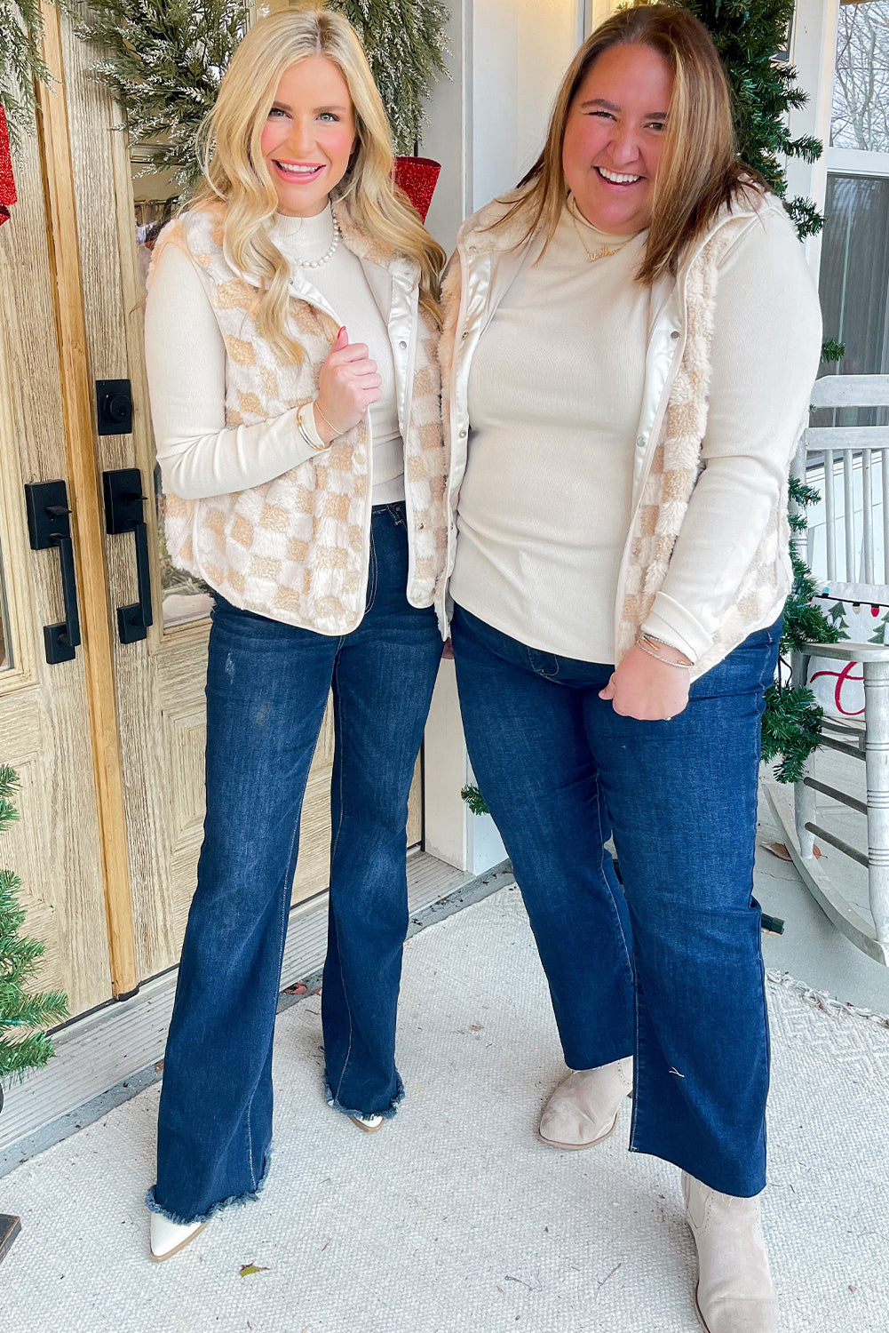 Khaki Sherpa Checkerboard Snap Button Vest Jacket 4d22fff67cde5f42