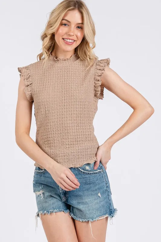 Ces Femme Texture Mock Neck Ruffle Cap Sleeve Blouse Camel 4d290064-ca6f-4272-a48d-036223bc0f1b-Max
