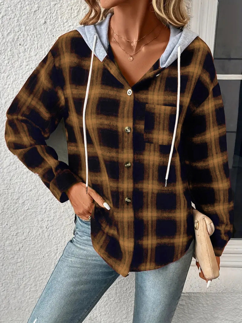 Plaid Drawstring Button Up Hooded Jacket Tan 4d35557104a2488b8e87557f70c160b8-Max