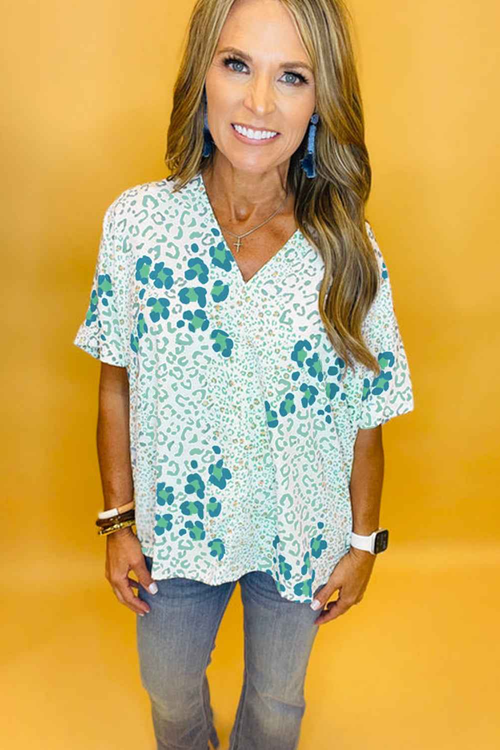 Pink Leopard Print V Neck Short Sleeve Blouse 4d53e20136699c3f