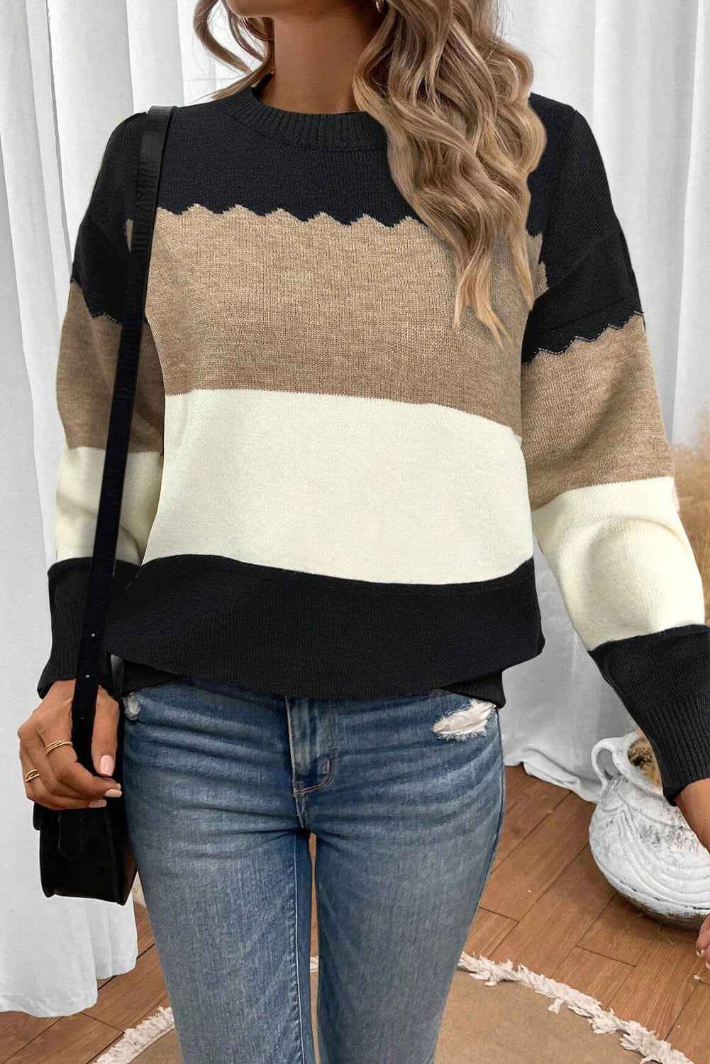 Black Colorblock Crew Neck Drop Shoulder Sweater 4d56af9c4d968673