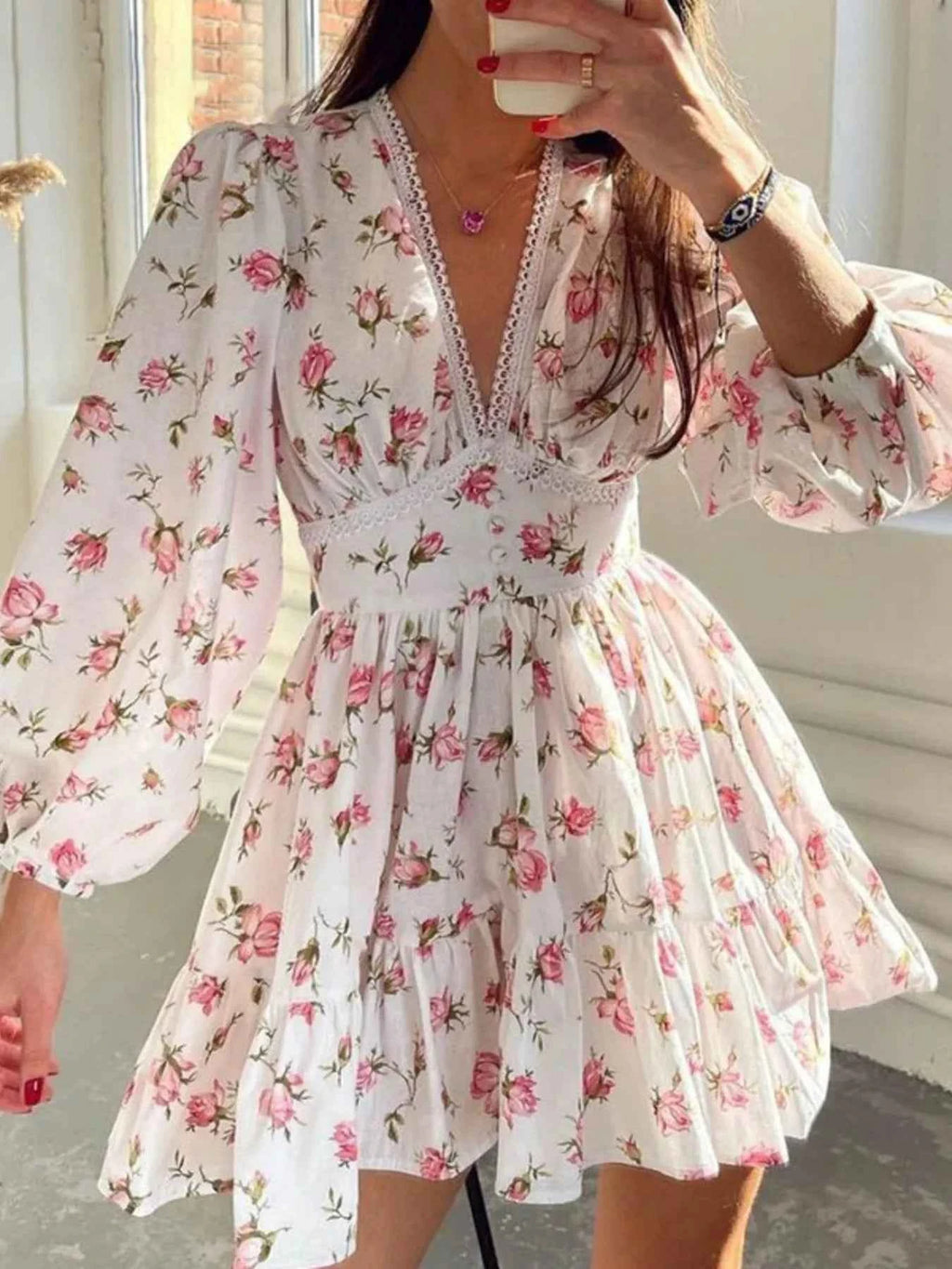 Full Size Floral V-Neck Long Sleeve Mini Dress Plus Size White 4d59ced47f714812a0add5a1def7dc50-Max-Origin