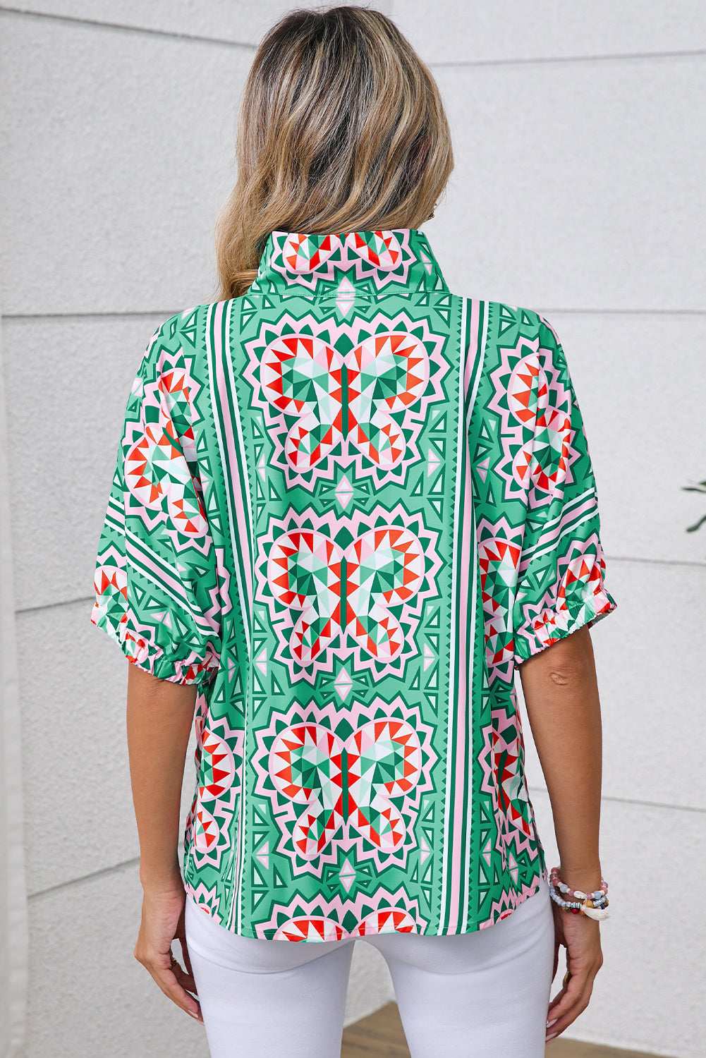 Sea Green Boho Geometric Print Pop of Color Neckline Blouse 4d6485f1e6d29dc5-_2