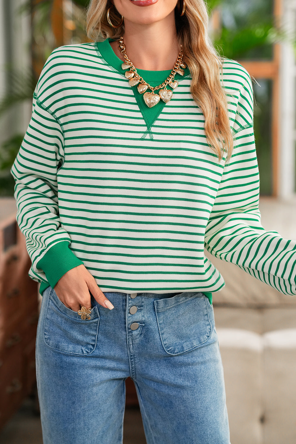 Bright Green Striped Contrast Trim Long Sleeve Top 4d702fa5ea271546
