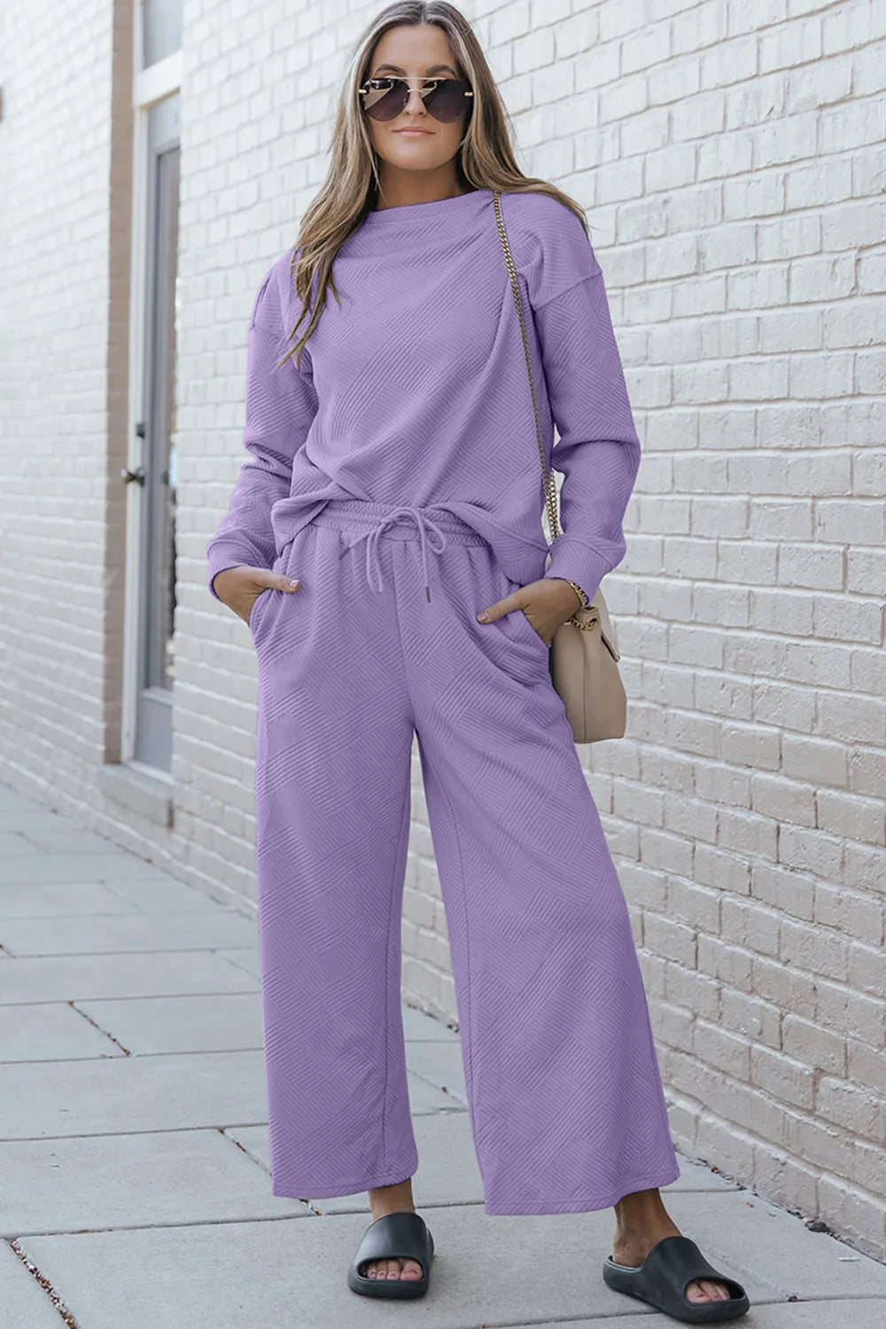 Double Take Full Size Textured Long Sleeve Top and Drawstring Pants Set Lavender 4d7b507a-71b4-43f9-b085-a2d384c4842f-Max