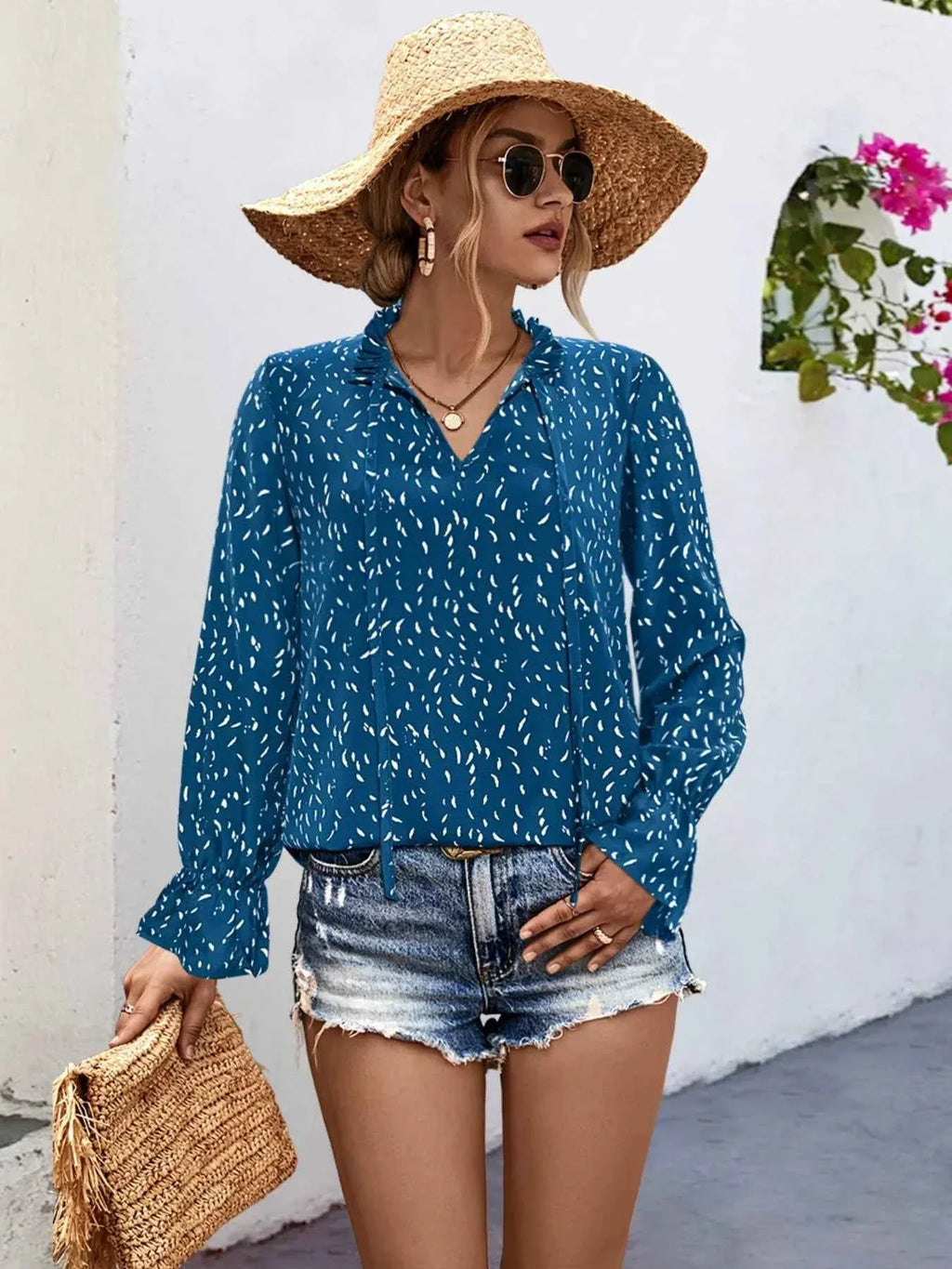 Ruffled Printed Tie Neck Long Sleeve Blouse Navy 4d7ea91f-c1f6-47f5-b4df-89e35189ed40-Max-Origin