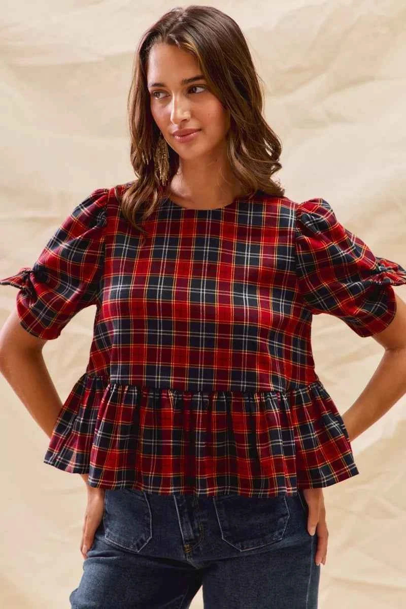 SO ME Christmas Holiday Plaid Ribbon Short Sleeves Top 4da15cadf13042e3867f4e587669a00a-Max-Origin
