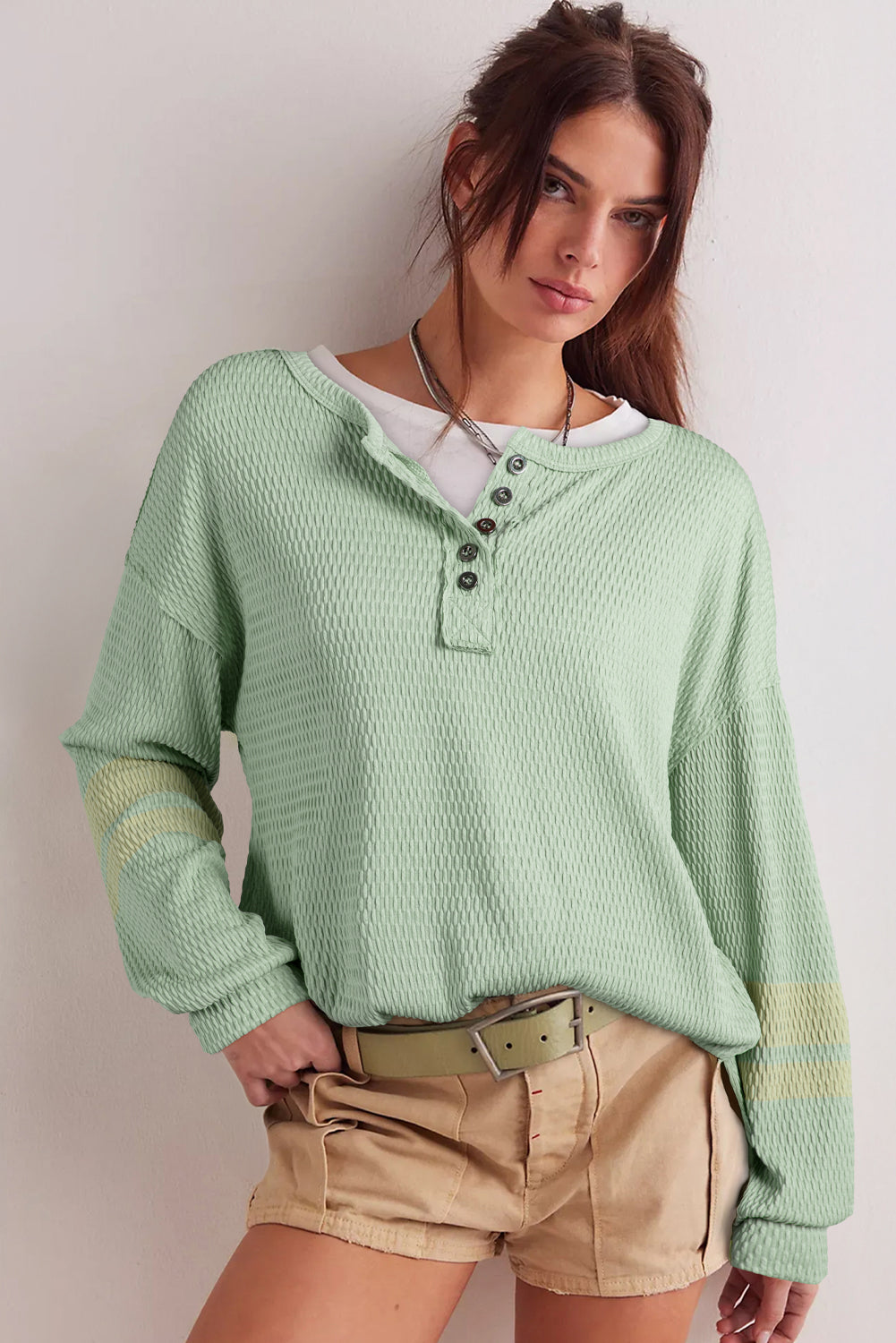 Meadow Mist Green Textured Colorblock Sleeve Henley Sweatshirt 4da571ba1986f67d