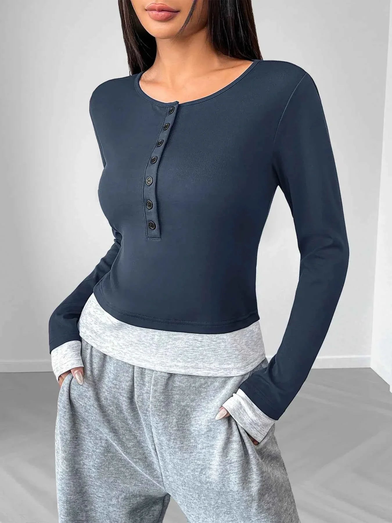 Long Sleeve Button Front Fitted T-Shirt 4dae805d-7fb5-43e8-b6c5-d10640e8e445-Max-Origin