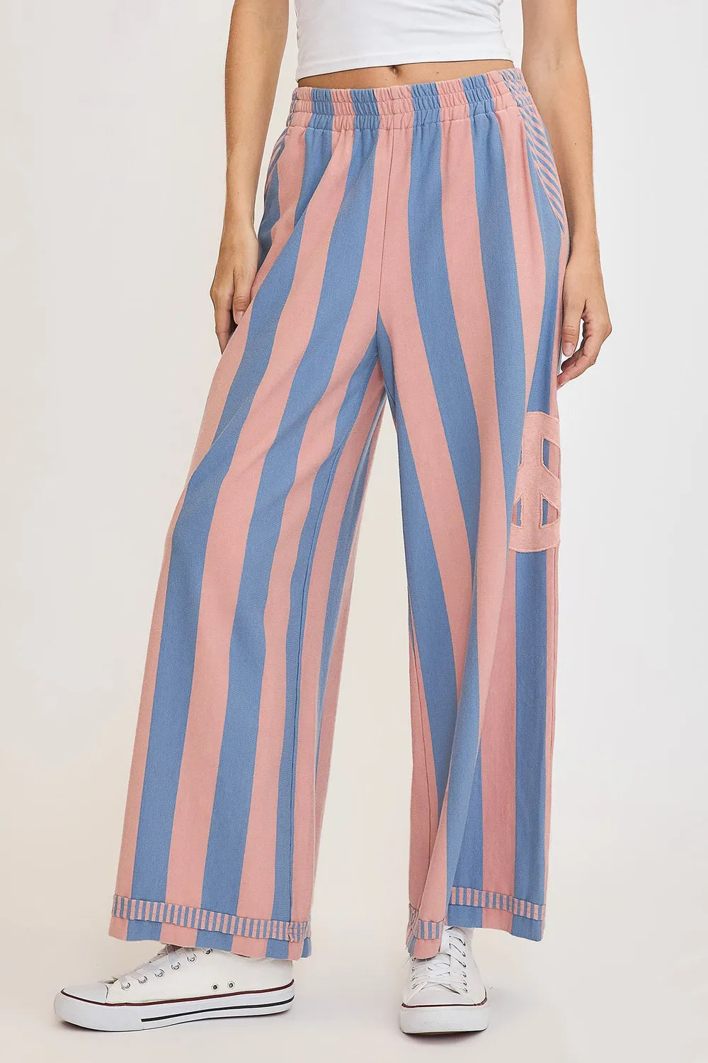 Umgee Peace Sign Patch Striped Wide Leg Pants DUSTY BLUE 4db37e91-d26a-466a-98b9-37c1778808e5-Max