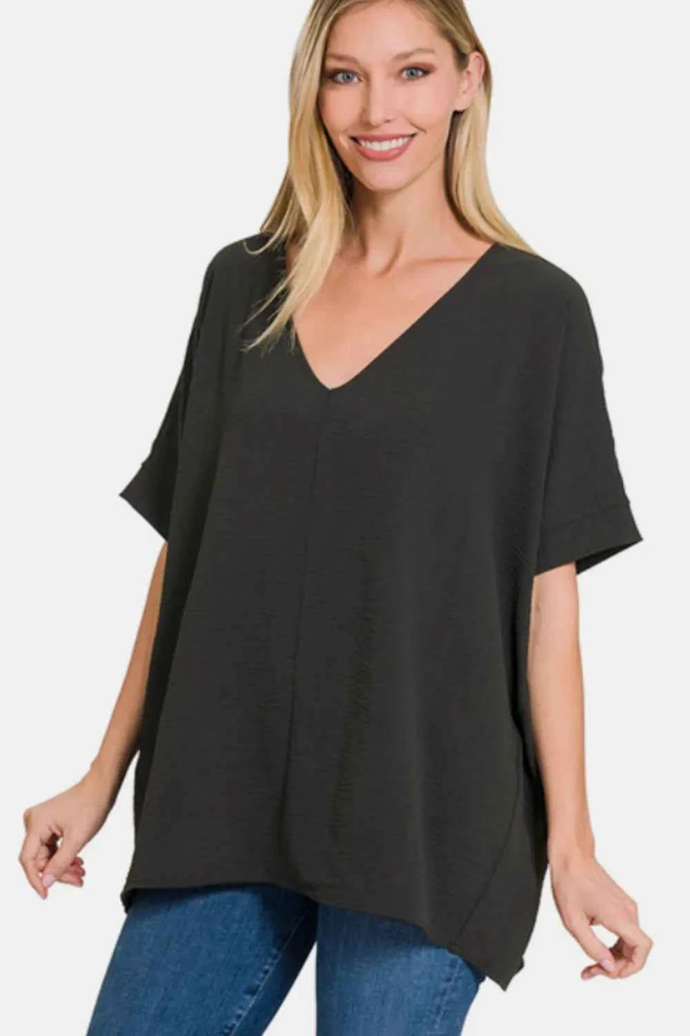 Zenana Full Size V-Neck Short Sleeve Top BLACK 4dc93654-6795-4a98-85af-5aa338b49e4c-Max