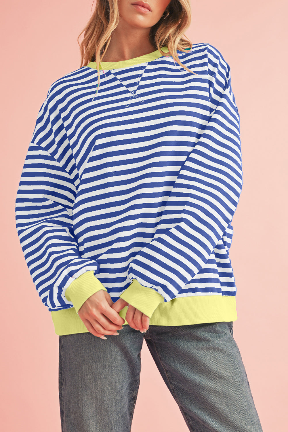 Black Stripe Contrast Edge Cross Seam Oversized Sweatshirt Blue Stripe 4dd4828aa2f90148