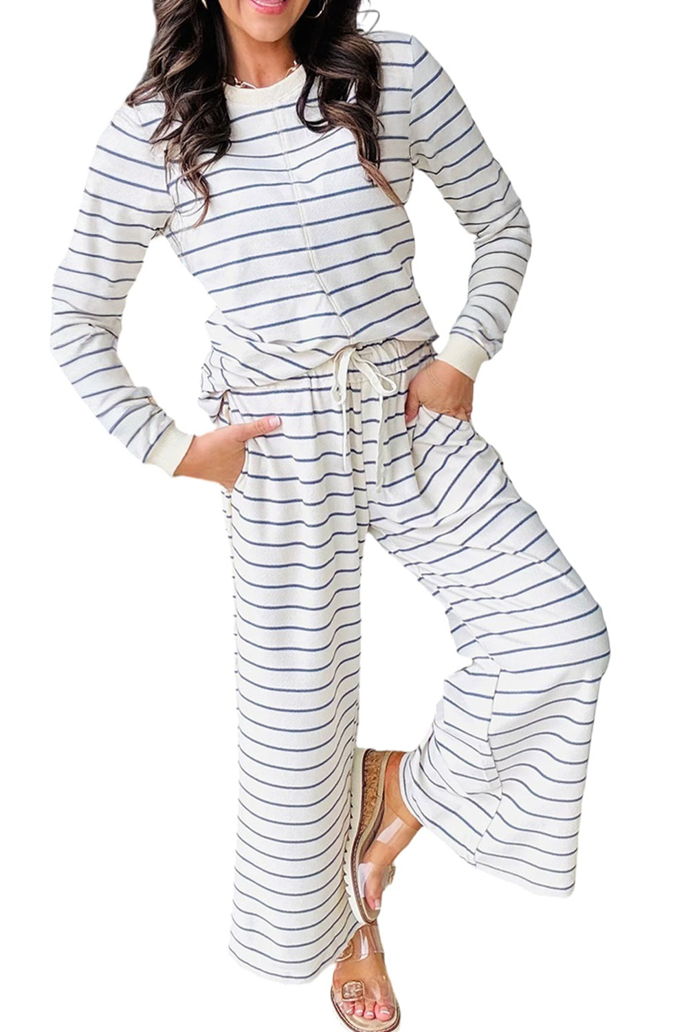 Sail Blue Striped Long Sleeve Pullover and Wide Leg Pants Set 4dec9aeaaa76d51c