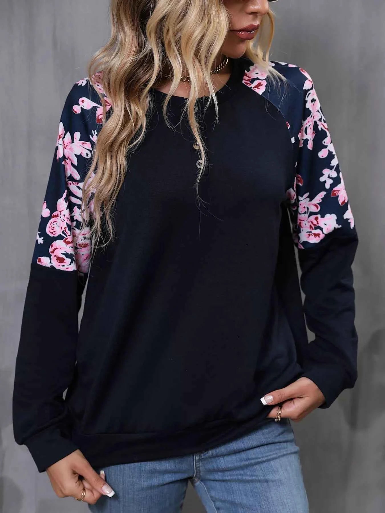 Floral Long Sleeve Round Neck Top Dark Navy 4ded7605-3b8b-464c-82ee-1657befa90c6-Max-Origin