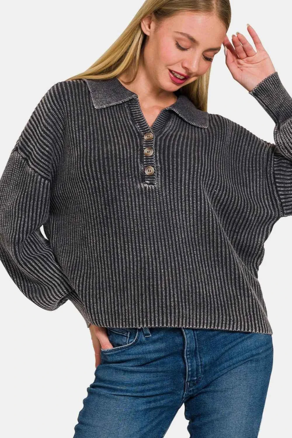 Zenana Washed Half Button Long Sleeve Sweater 4dee7be7-b3c1-4ac9-afc6-781f27b8d8fa-Max