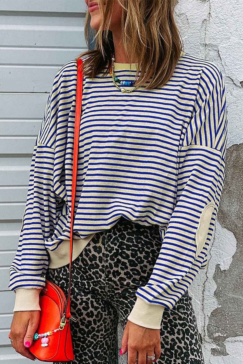 Blue Stripe Textured Elbow Patched Crew Neck Drop Shoulder Sweatshirt Blue Stripe 95%Polyester+5%Elastane 4def45877359b9f2