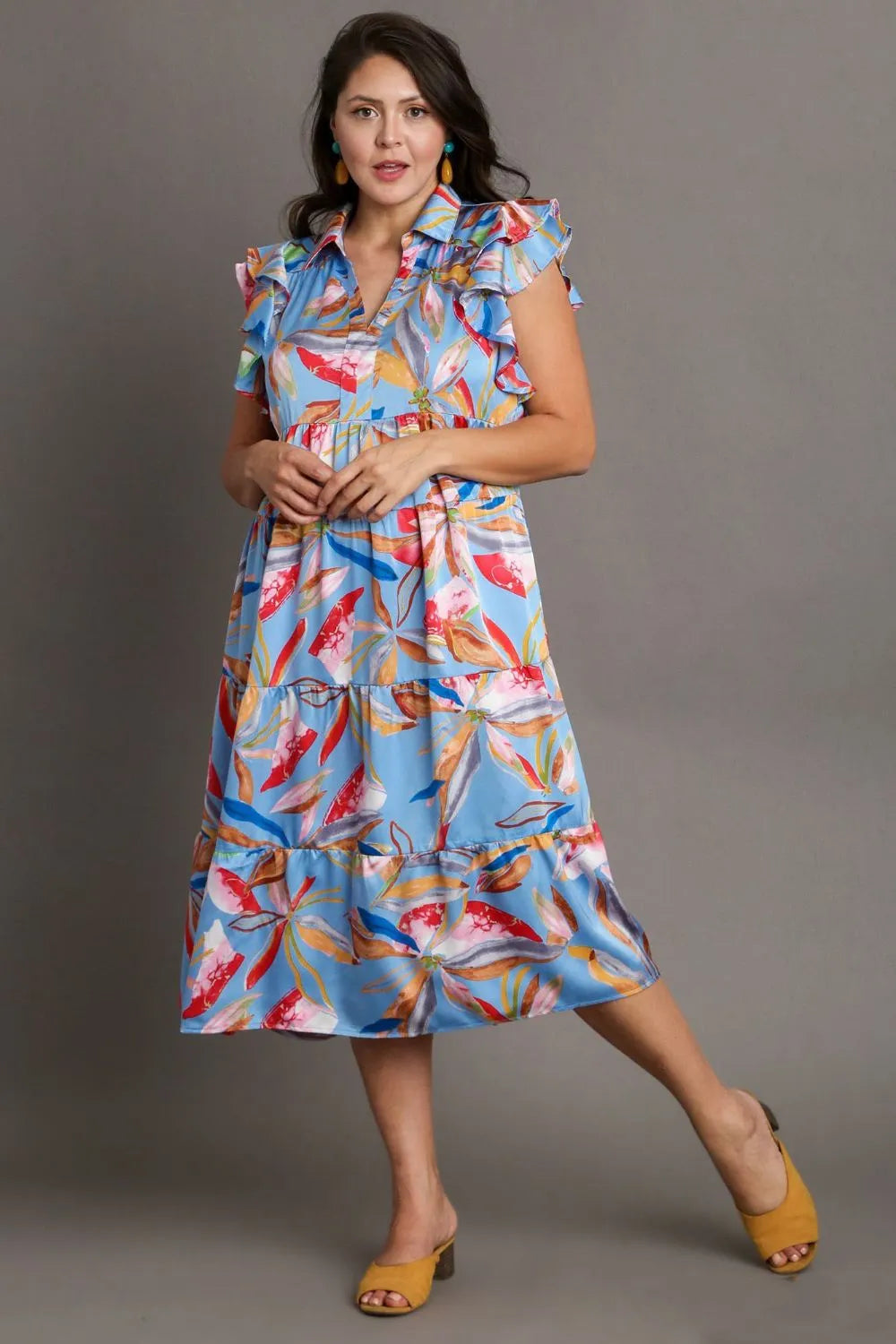 Umgee Full Size Leaf Print Double Layered Ruffle Sleeve Tiered Midi Dress Plus Size 4defb472-4c56-4d69-a1b9-11a5607406ea-Max