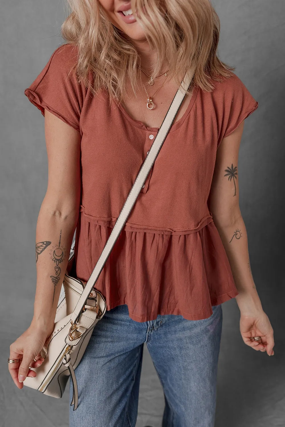 Short Sleeve U Neck Buttons Splicing Ruffle Blouse 4dfe4fb3-9d14-4bb5-930b-c6d74e62cac1-Max-Origin